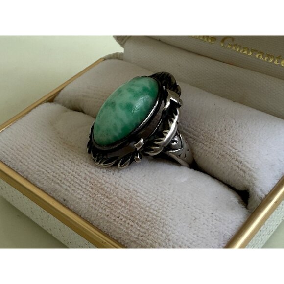 Art Deco 30's Sterling Silver Ring Green Speckled Peking Glass Size 6.25 - Picture 7 of 10